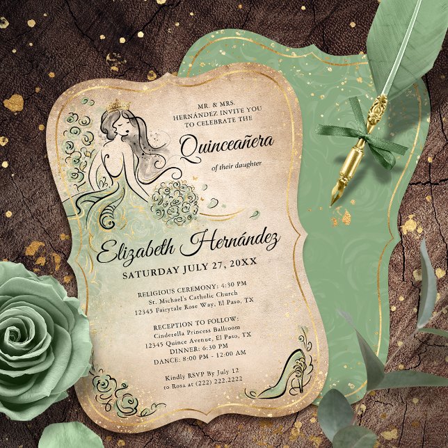 Invitación Elegant Green Gold Princess Quinceanera Birthday (Bring your fairytale to life with these gold and sage green birthday invitations fit for a princess.)