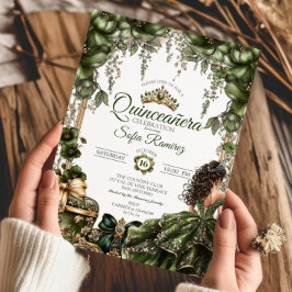 Invitación Elegant Green Golden Tiara Floral  Quinceañera