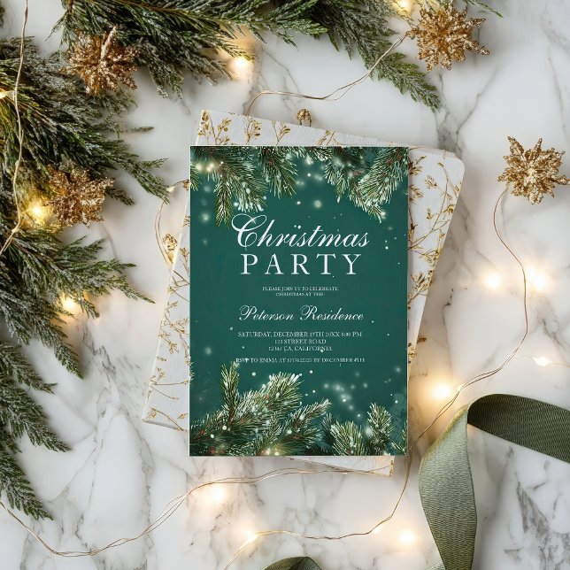 Invitación Elegant green pine snowy Holiday Christmas party (Elegant green pine snowy Holiday Christmas party Invitation)