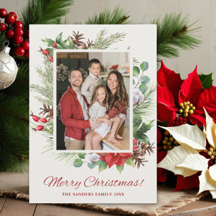 Invitación Elegant Green & Red Floral Christmas Photo Family