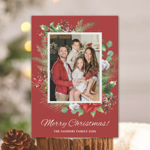 Invitación Elegant Green & Red Floral Christmas Photo Family