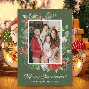 Invitación Elegant Green & Red Floral Christmas Photo Family