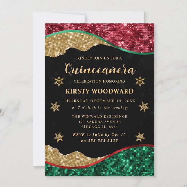 Invitación Elegant Green Red & Gold Snowflake Quinceanera (Anverso)