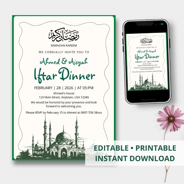 Invitación Elegant Green Sketch Mosque Iftar Dinner (Subido por el creador)