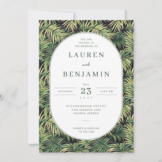 Invitación Elegant Green Tropical Leaves (Anverso)