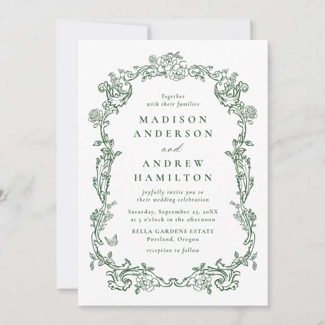 Invitación Elegant Green Victorian Floral All in One Wedding (Anverso)