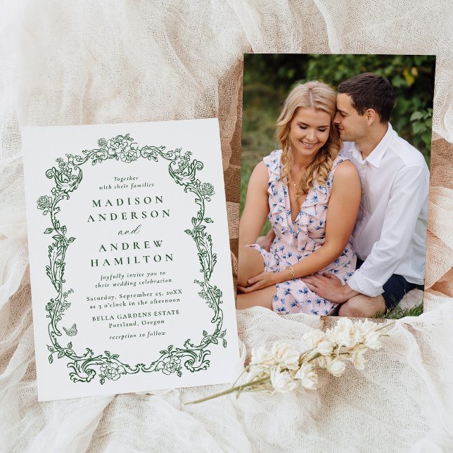 Invitación Elegant Green Victorian Floral Photo Wedding (Subido por el creador)