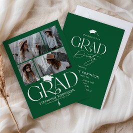 Invitación Elegant Green & White 4 Photo Graduation Party