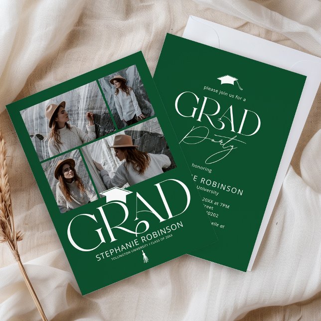 Invitación Elegant Green & White 4 Photo Graduation Party (Subido por el creador)