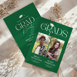 Invitación Elegant Green & White Joint Graduation Party Photo