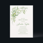 Invitación Elegant Greenery Botanical Spring Bridal Shower<br><div class="desc">This elegant greenery bridal shower invitation features soft watercolor botanical leaves in fresh shades of green paired with delicate handwritten script. The clean white background and airy garden-inspired design create a timeless look that feels both modern and romantic. Perfect for a spring or summer garden celebration, brunch shower, or botanical-themed...</div>