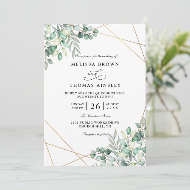 Invitación Elegant Greenery Eucalyptus QR Code Wedding (Anverso de pie)