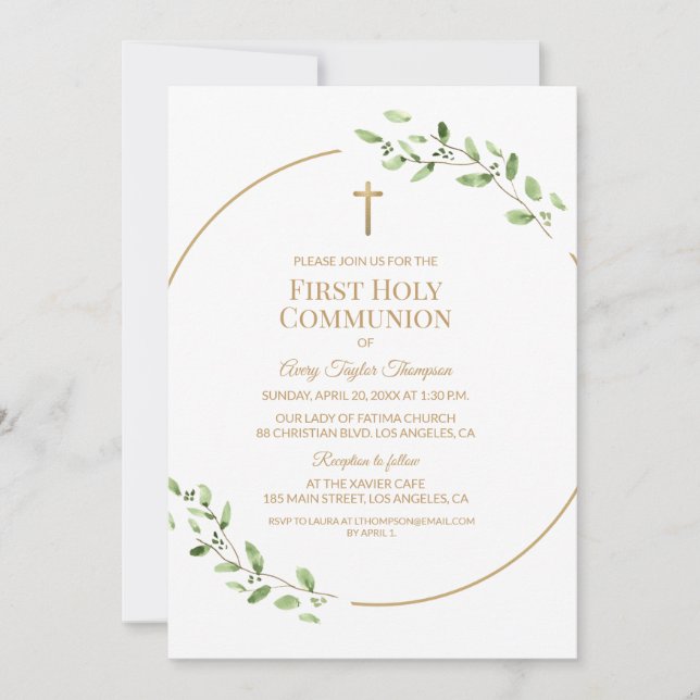 Invitación Elegant Greenery Gold Cross First Holy Communion  (Anverso)