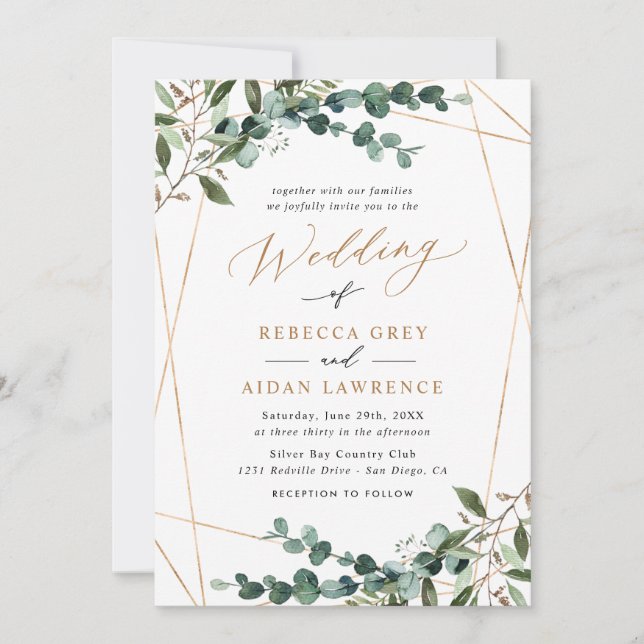 Invitación Elegant Greenery Gold QR Code All-in-One Wedding (Anverso)