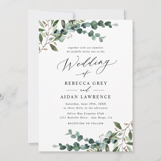Invitación Elegant Greenery QR Code All-in-One Wedding (Anverso)
