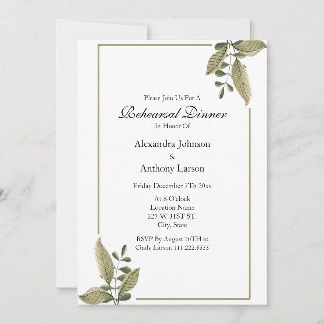 Invitación Elegant Greenery Wedding Rehearsal (Anverso)