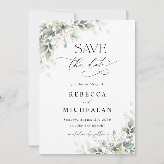 Invitación Elegant Greenery Wedding Save The Date (Anverso)