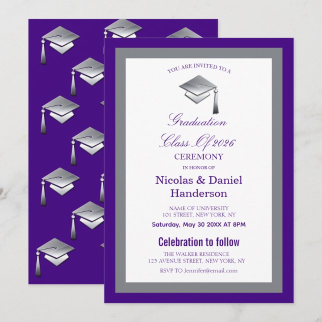 Invitación Elegant grey caps graduation ceremony invitation (Anverso / Reverso)