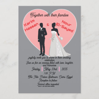 Invitación Elegant Grey Pink Heart Bride Groom Invitation