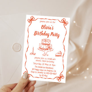 Invitación Elegant Hand-Drawn Cake & Ribbon Birthday Party