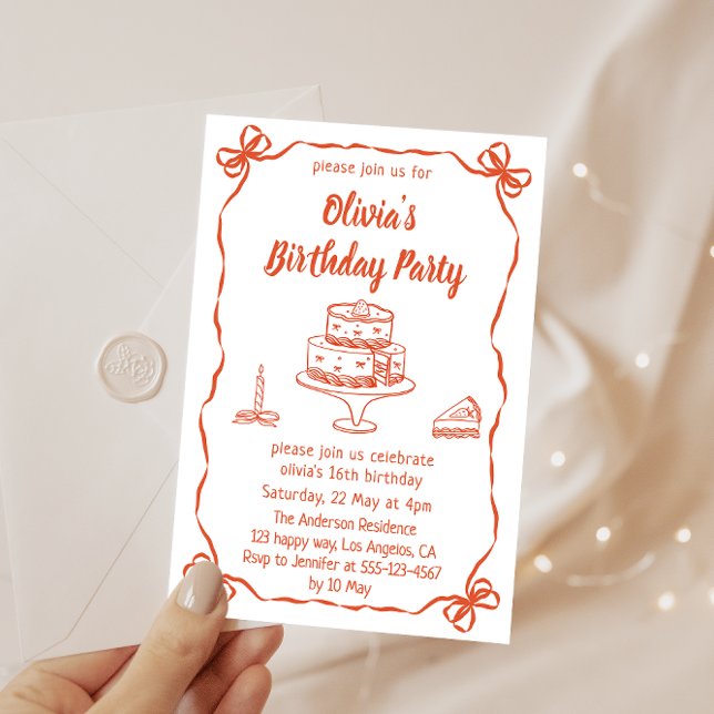 Invitación Elegant Hand-Drawn Cake & Ribbon Birthday Party (Subido por el creador)