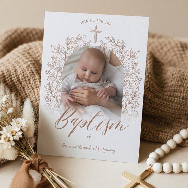 Invitación Elegant Hand-Drawn Cross Floral Baptism Photo (Elegant Hand-Drawn Cross Floral Baptism Photo Invitation)
