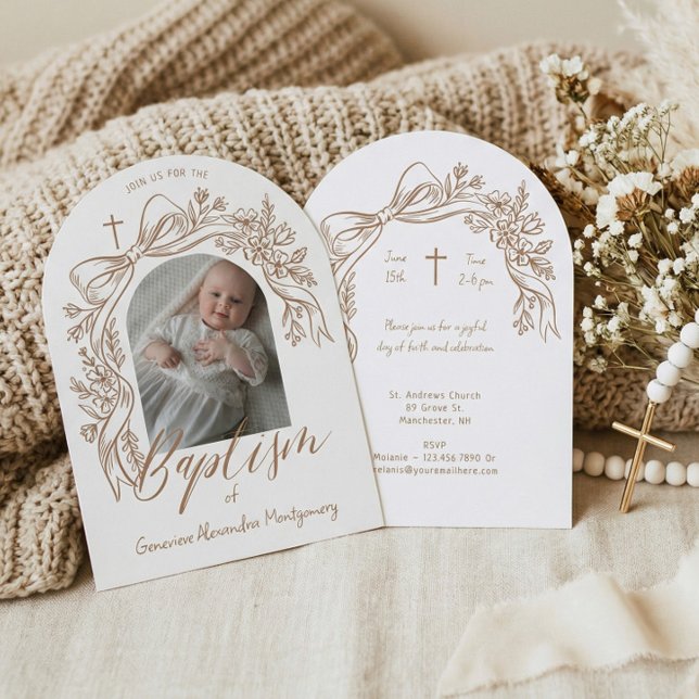 Invitación Elegant Hand-Drawn Floral Bow Arch Baptism Photo (Elegant Hand-Drawn Floral Bow Arch Baptism Photo Invitation)