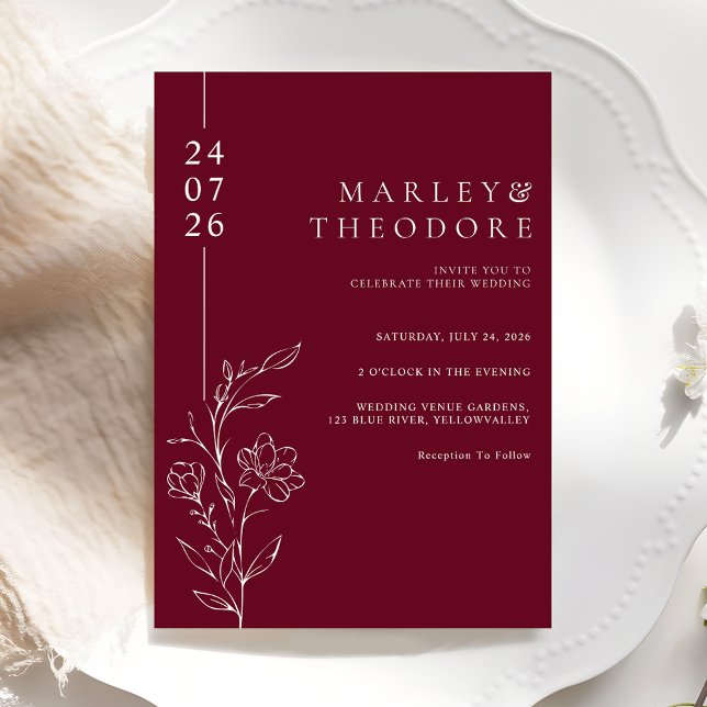Invitación Elegant Hand Drawn Floral Burgundy Wedding (Subido por el creador)