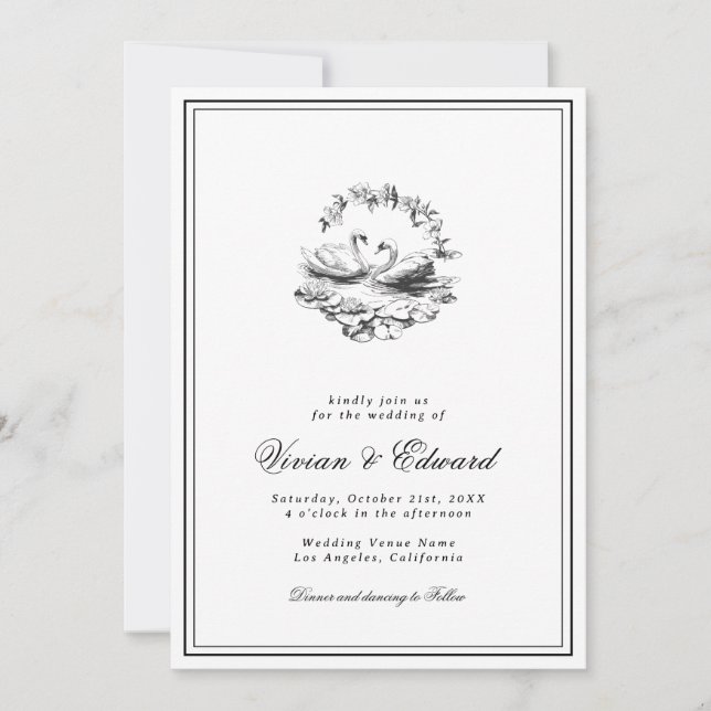 Invitación Elegant Hand Drawn Swan Vintage Botanical Wedding (Anverso)