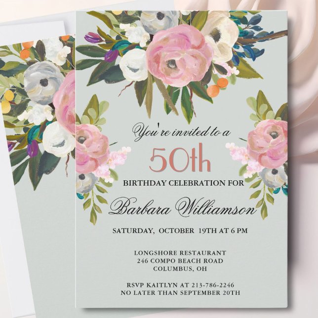 Invitación Elegant Handpainted Floral 50th Birthday Party  (Subido por el creador)