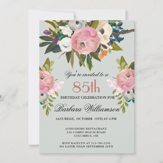 Invitación Elegant Handpainted Floral 85th Birthday Party  (Anverso)