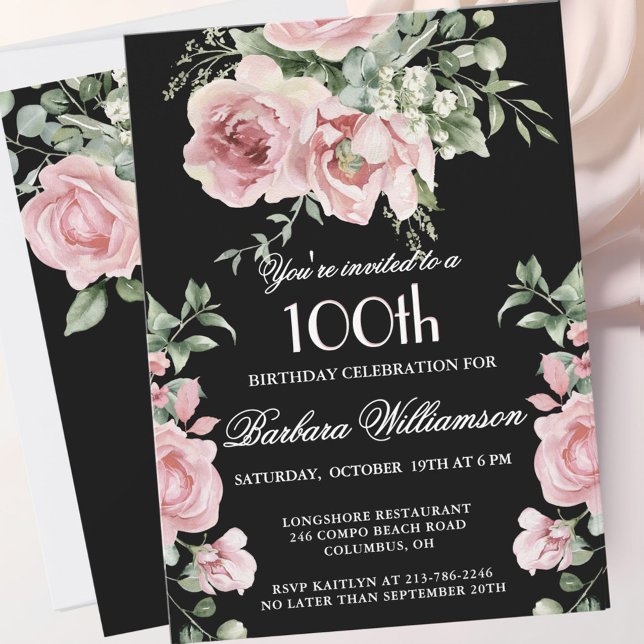 Invitación *Elegant Handpainted Roses 100th Birthday Party  (Subido por el creador)