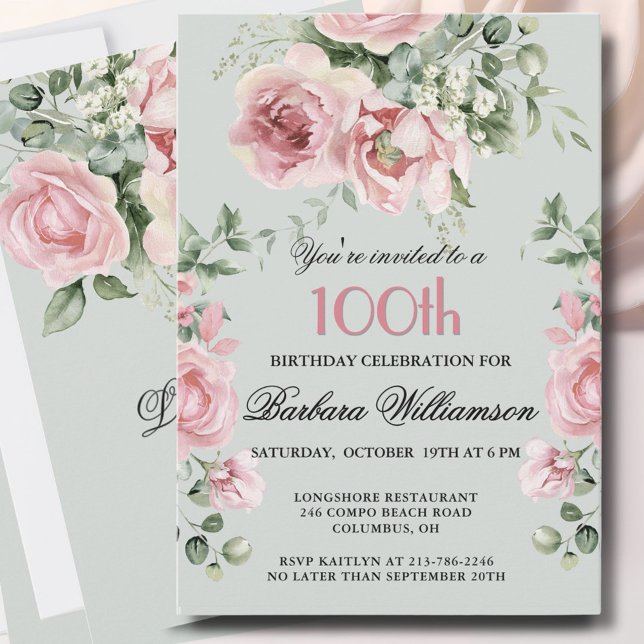 Invitación Elegant Handpainted Roses 100th Birthday Party  (Subido por el creador)