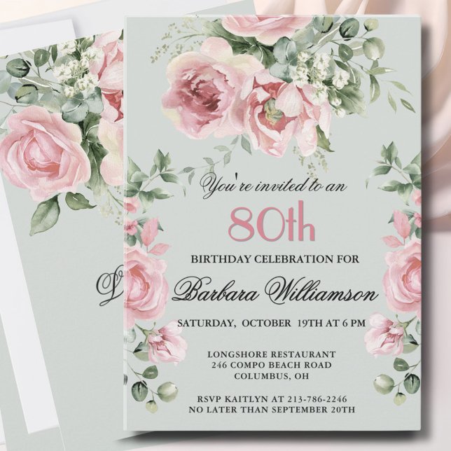 Invitación **Elegant Handpainted Roses 80th Birthday Party  (Subido por el creador)