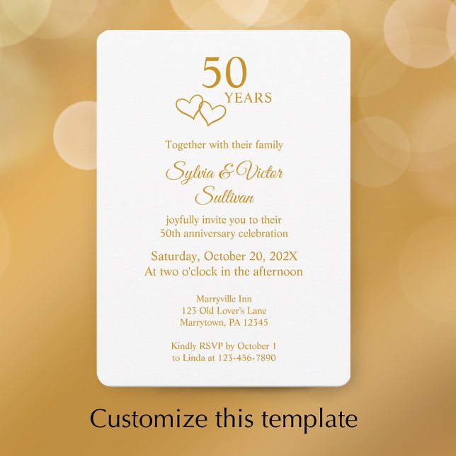 Invitación Elegant Heart Golden 50th Wedding Anniversary (Personalize this modern elegant golden 50th wedding anniversary party invitation.
)