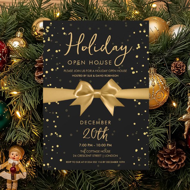 Invitación Elegant Holiday Open House Gold Bow Black (Elegant Holiday Open House Gold Bow Black Invitation)