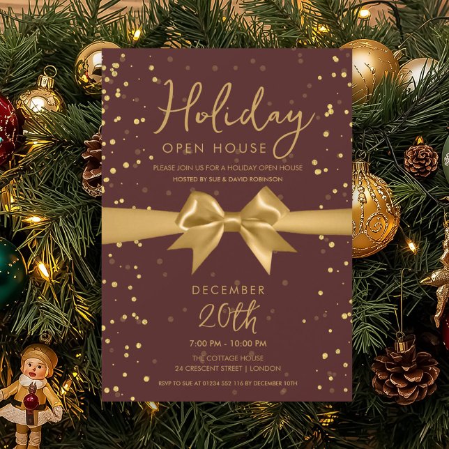 Invitación Elegant Holiday Open House Gold Bow Burgundy  (Elegant Holiday Open House Gold Bow Burgundy Invitation)