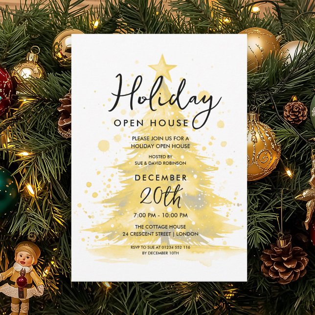 Invitación Elegant Holiday Open House Gold Hand Painted Tree (Elegant Holiday Open House Gold Hand Painted Tree Invitation)