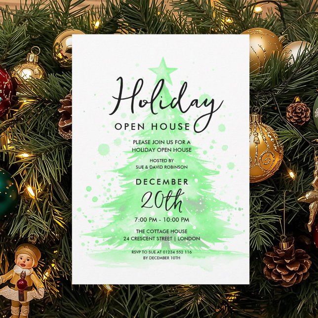 Invitación Elegant Holiday Open House Green Hand Painted Tree (Elegant Holiday Open House Green Hand Painted Tree Invitation)