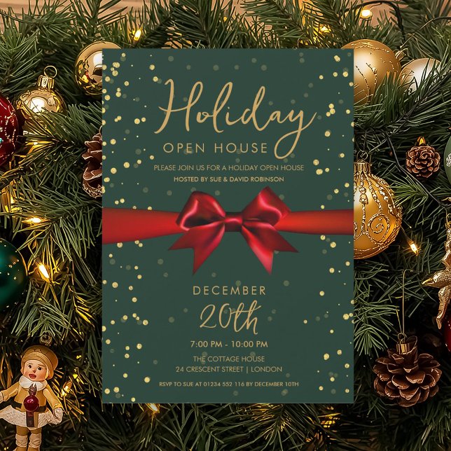 Invitación Elegant Holiday Open House Red Bow Green  (Elegant Holiday Open House Red Bow Green Invitation)