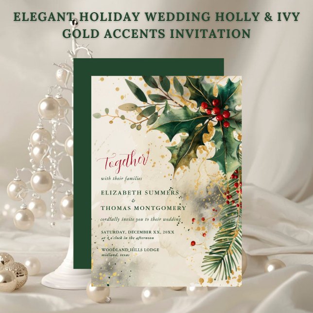 Invitación Elegant Holiday Wedding Holly & Ivy Gold Accents (Elegant Holiday Wedding Holly & Ivy Gold Accents Invitation)