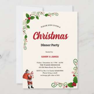 Invitación Elegant Holly and Berries Christmas dinner Party 
