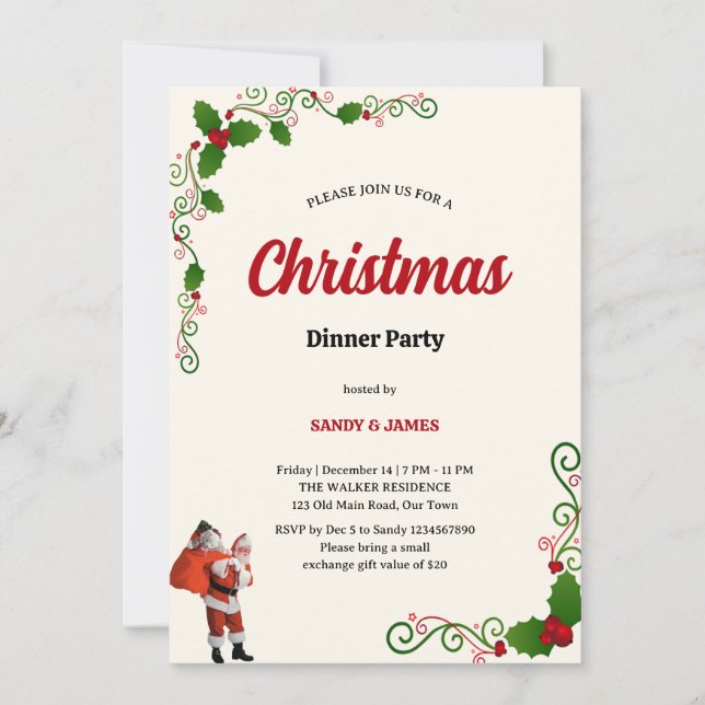 Invitación Elegant Holly and Berries Christmas dinner Party  (Anverso)