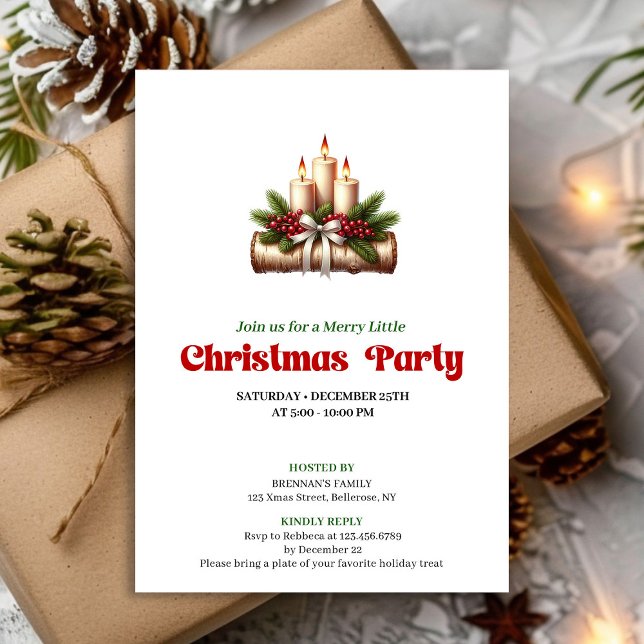 Invitación Elegant Holly Berries Candles Christmas Party (Elegant Holly Berries Candles Christmas Party Invitation)