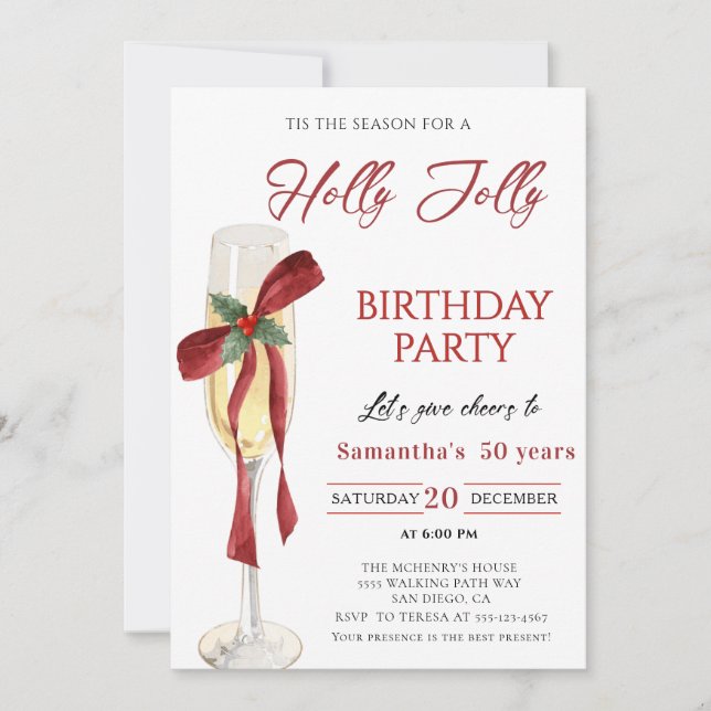 Invitación Elegant Holly Jolly christmas birthday Party (Anverso)
