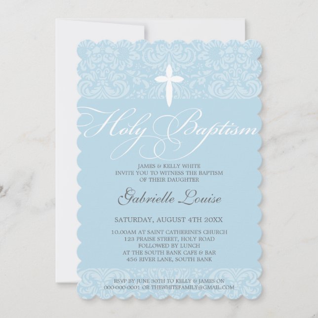 Invitación ELEGANT HOLY BAPTISM guión elegante damasco azul (Anverso)