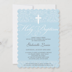 Invitación ELEGANT HOLY BAPTISM guión elegante damasco azul