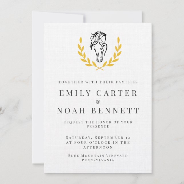 Invitación Elegant Horse Crest Wedding Invitation with Laurel (Anverso)