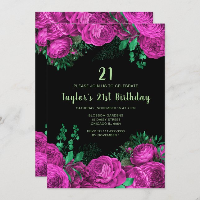 Invitación Elegant Hot Pink Flowers Birthday Party (Anverso / Reverso)