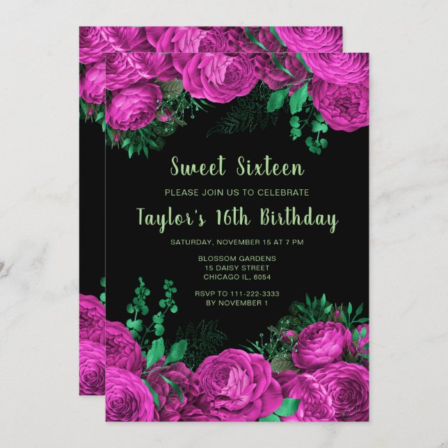 Invitación Elegant Hot Pink Flowers Sweet Sixteen (Anverso / Reverso)